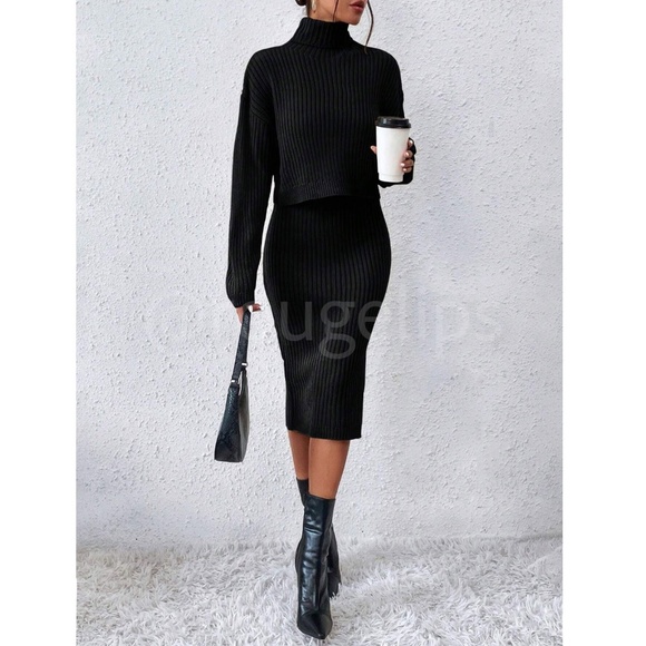 Black 2 Piece Set: Knit Midi Pencil Dress and Turtleneck Pullover Sweater - Picture 6 of 9